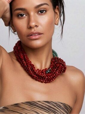 Multi-Strand Red & Turquoise Beaded Statement Necklace - Unbranded